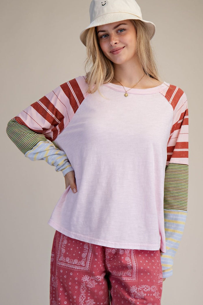Easel Mixed Striped Washed Cotton Top