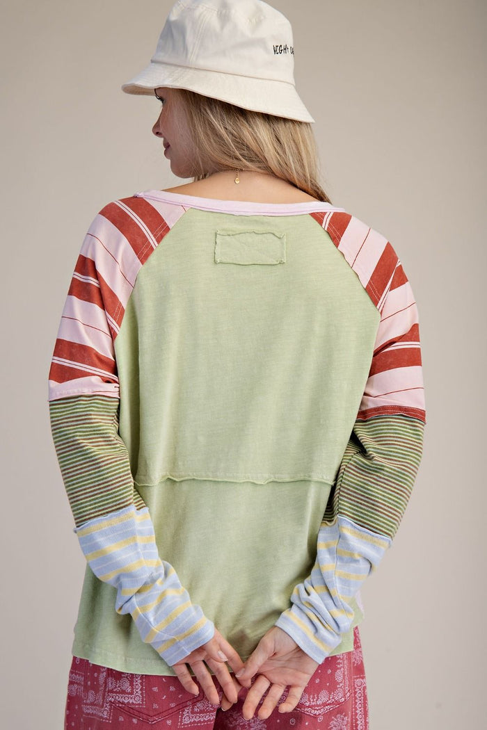 Easel Mixed Striped Washed Cotton Top
