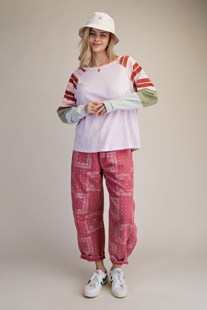 Easel Mixed Striped Washed Cotton Top