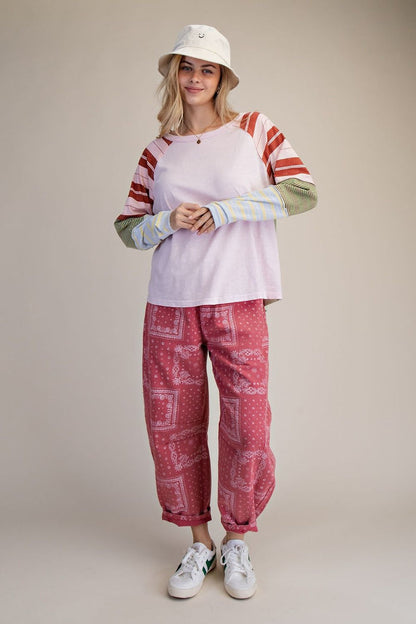 Easel Mixed Striped Washed Cotton Top