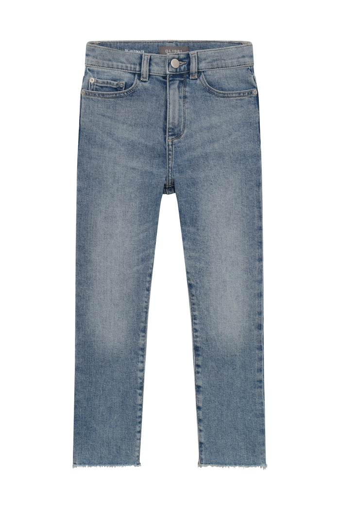 DL1961 girls' Emie Straight high-rise jeans in light blue 'Glacier', flat front view with frayed hem.