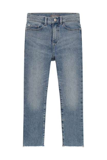DL1961 girls' Emie Straight high-rise jeans in light blue 'Glacier', flat front view with frayed hem.