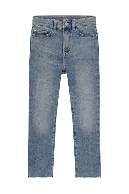 DL1961 girls' Emie Straight high-rise jeans in light blue 'Glacier', flat front view with frayed hem.