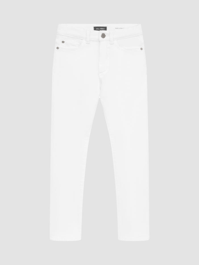 DL1961 girls' Emie Straight High Rise jeans in white 'Milk', flat front view.