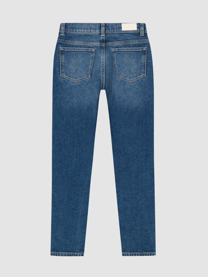 DL1961 girls' Emie Straight High Rise jeans in mid-blue 'North Beach', flat back view with pockets.