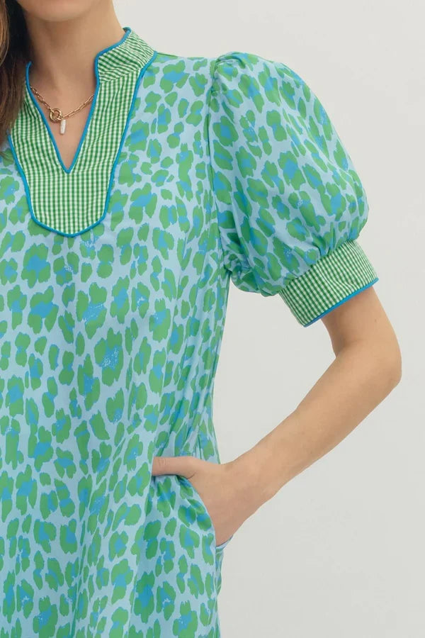 Entro Leopard Gingham Trim Midi Dress