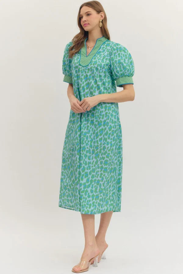 Entro Leopard Gingham Trim Midi Dress