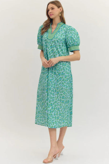 Entro Leopard Gingham Trim Midi Dress