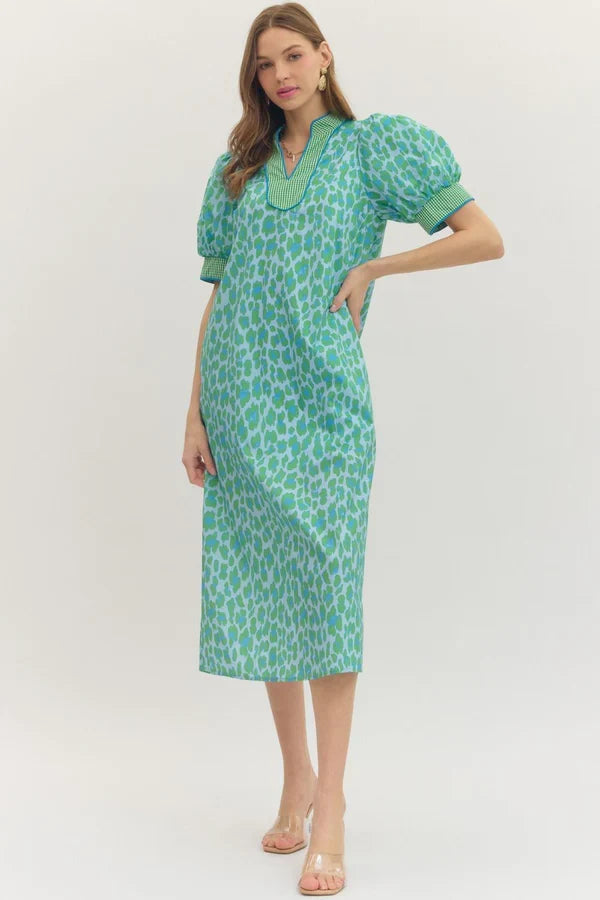 Entro Leopard Gingham Trim Midi Dress