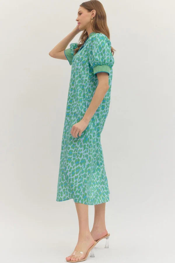 Entro Leopard Gingham Trim Midi Dress