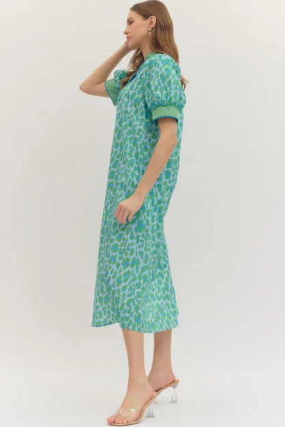 Entro Leopard Gingham Trim Midi Dress