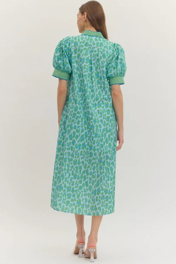 Entro Leopard Gingham Trim Midi Dress