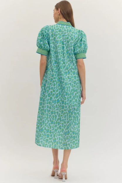 Entro Leopard Gingham Trim Midi Dress
