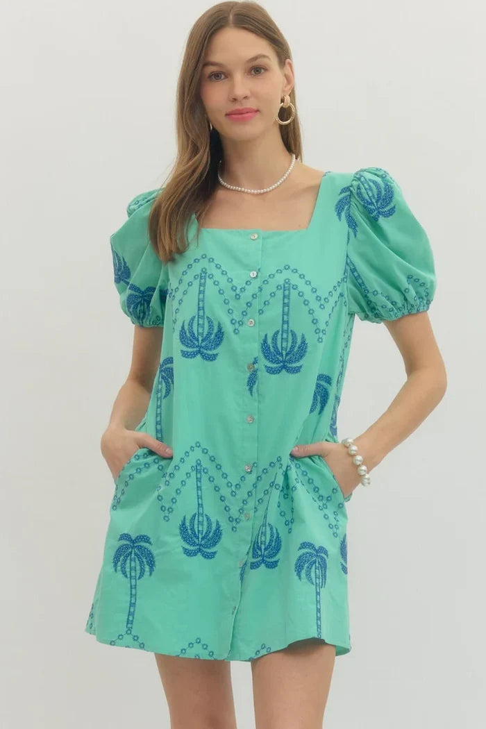 Entro Palm Tree Embroidered Puff Sleeve Dress