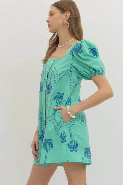 Entro Palm Tree Embroidered Puff Sleeve Dress