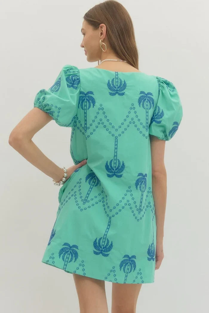Entro Palm Tree Embroidered Puff Sleeve Dress