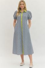 Entro Striped Puffed Sleeve Midi Dress