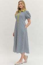 Entro Striped Puffed Sleeve Midi Dress