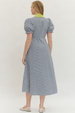 Entro Striped Puffed Sleeve Midi Dress
