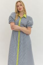 Entro Striped Puffed Sleeve Midi Dress
