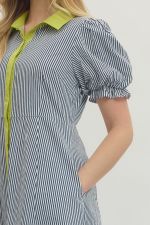 Entro Striped Puffed Sleeve Midi Dress