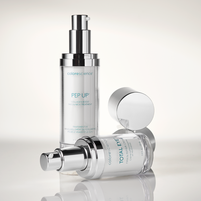 Collection of Colorescience skincare products on a light gray background || all