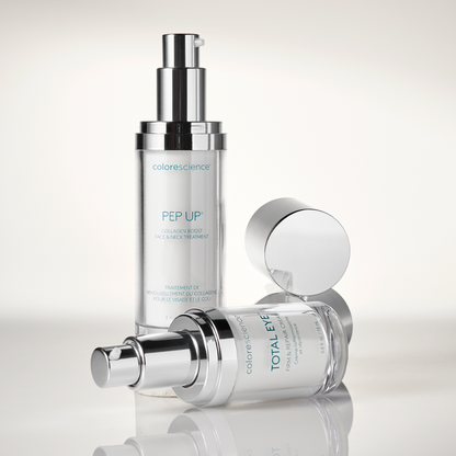 Collection of Colorescience skincare products on a light gray background || all