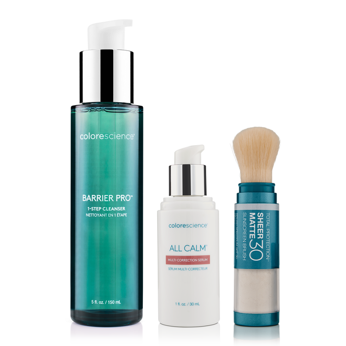 Colorescience Barrier Pro Cleanser, All Calm Multi-Correction Serum, Total Protection Sheer Matt SPF 30 Brush || all