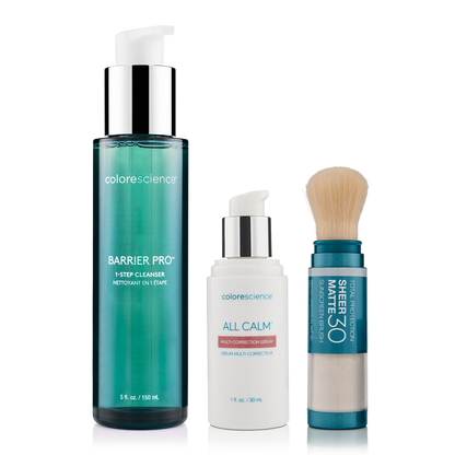 Colorescience Barrier Pro Cleanser, All Calm Multi-Correction Serum, Total Protection Sheer Matt SPF 30 Brush || all