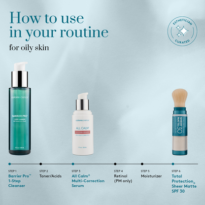 Skincare routine steps for oily skin with product images and text on a light blue background. || all