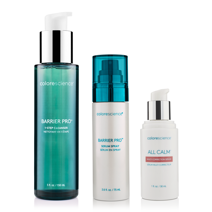 Colorescience Barrier Pro Cleanser, Barrier Pro Serum Spray, All Calm Multi-Correction Serum || all