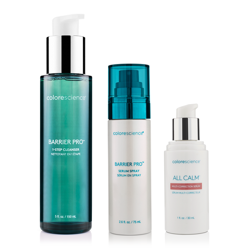 Colorescience Barrier Pro Cleanser, Barrier Pro Serum Spray, All Calm Multi-Correction Serum || all