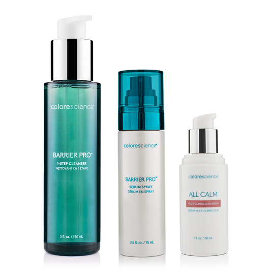 Colorescience Barrier Pro Cleanser, Barrier Pro Serum Spray, All Calm Multi-Correction Serum || all