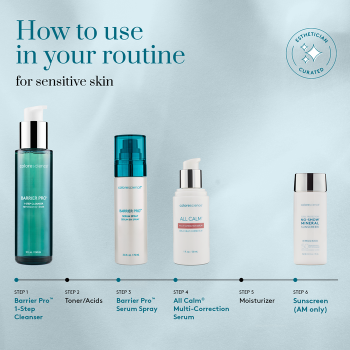 Skincare routine steps for sensitive skin with product images and text on a light blue background. || all