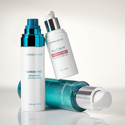 Collection of Colorescience skincare products on a light gray background || all