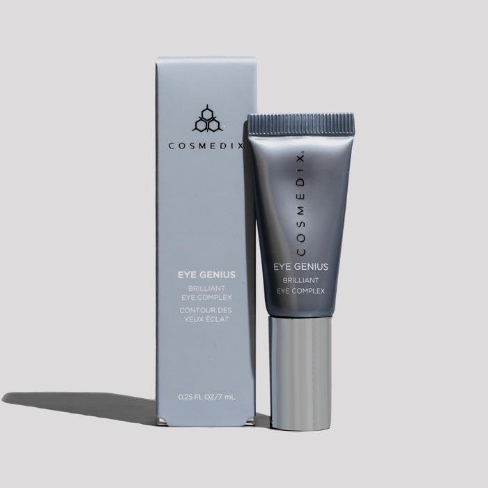 Cosmedix Eye Genius Brilliant Eye Complex tube and packaging on a light gray background