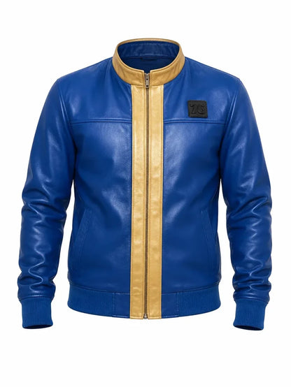 Blue leather jacket with a gold zipper on a white background