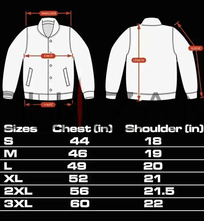 Measurement chart for a white jacket with labeled parts and size chart on a black background