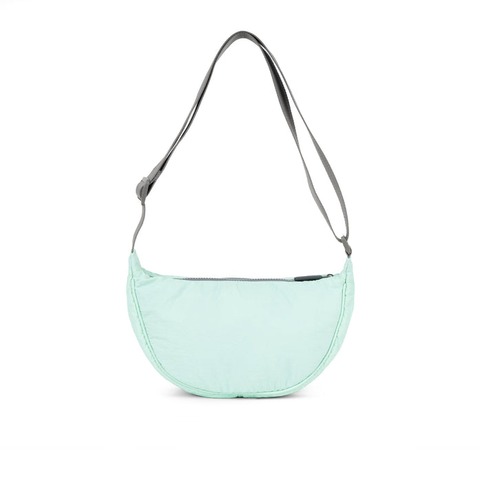Mint half-moon bag with gray strap loops and rounded side profile.