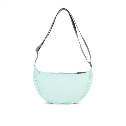 Mint half-moon bag with gray strap loops and rounded side profile.