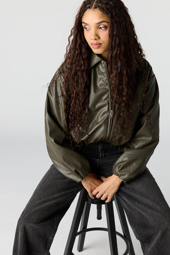 Faux Leather Bomber Jacket