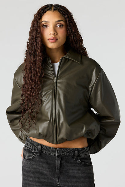Faux Leather Bomber Jacket