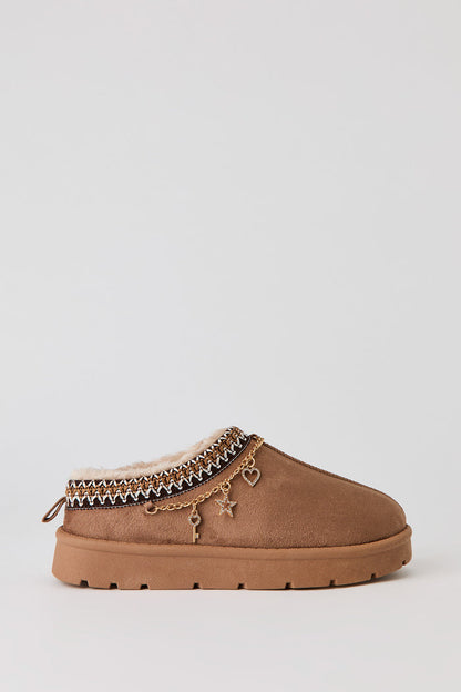 Faux-Suede Embroidered Slipper Booties with Charms