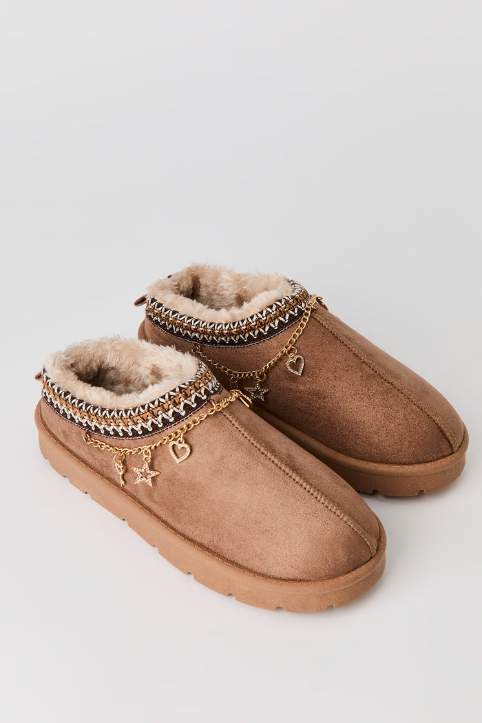 Faux-Suede Embroidered Slipper Booties with Charms