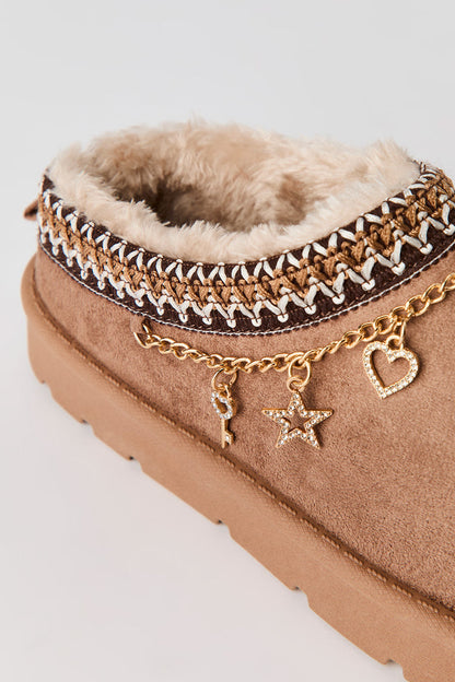 Faux-Suede Embroidered Slipper Booties with Charms