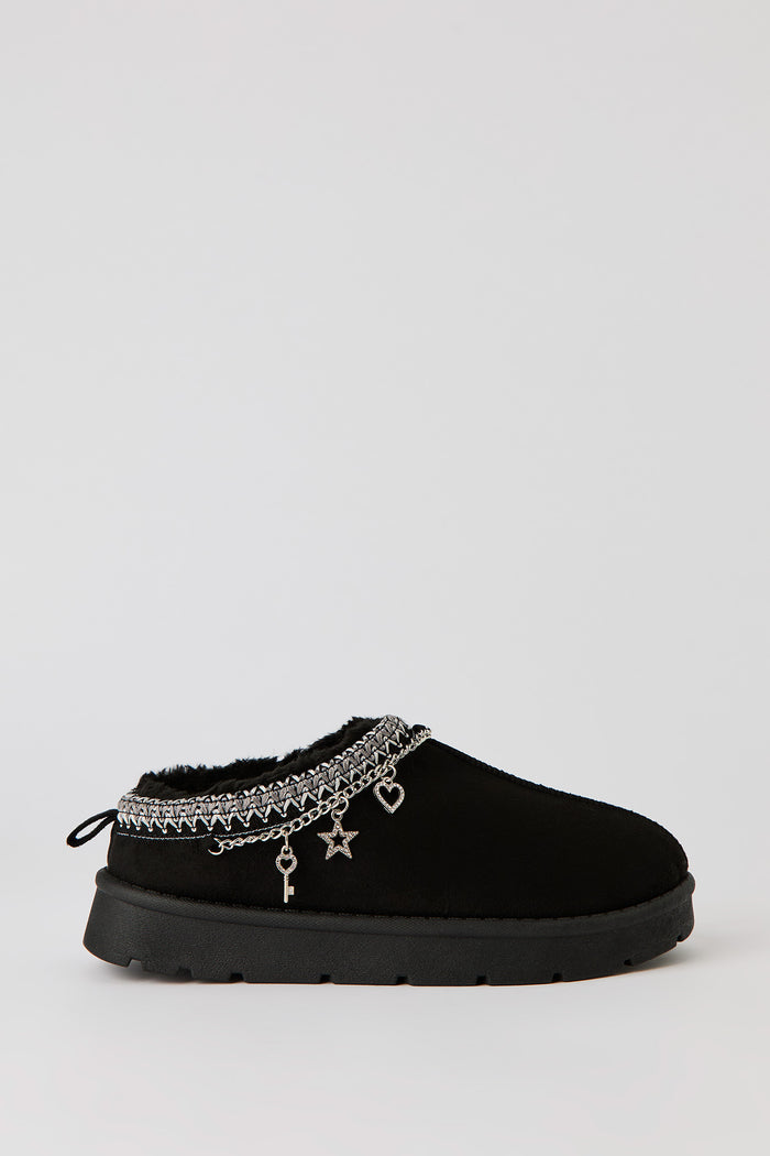 Faux-Suede Embroidered Slipper Booties with Charms