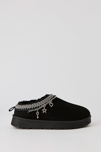 Faux-Suede Embroidered Slipper Booties with Charms