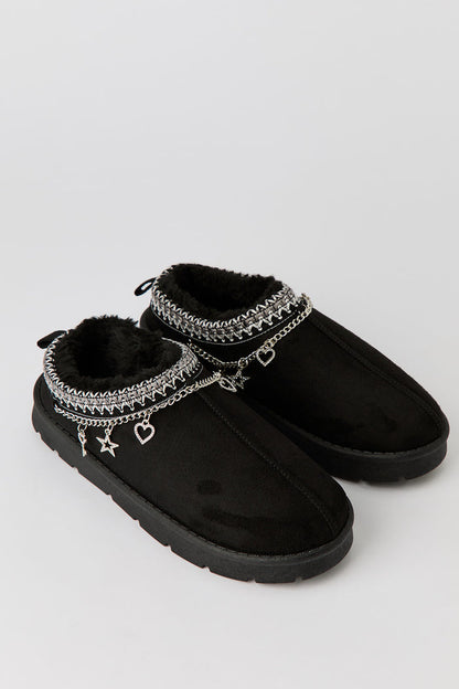 Faux-Suede Embroidered Slipper Booties with Charms