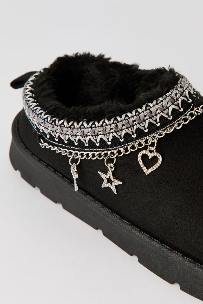 Faux-Suede Embroidered Slipper Booties with Charms