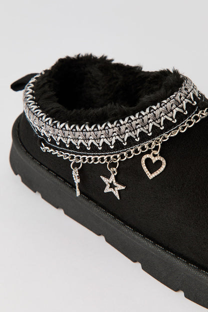Faux-Suede Embroidered Slipper Booties with Charms